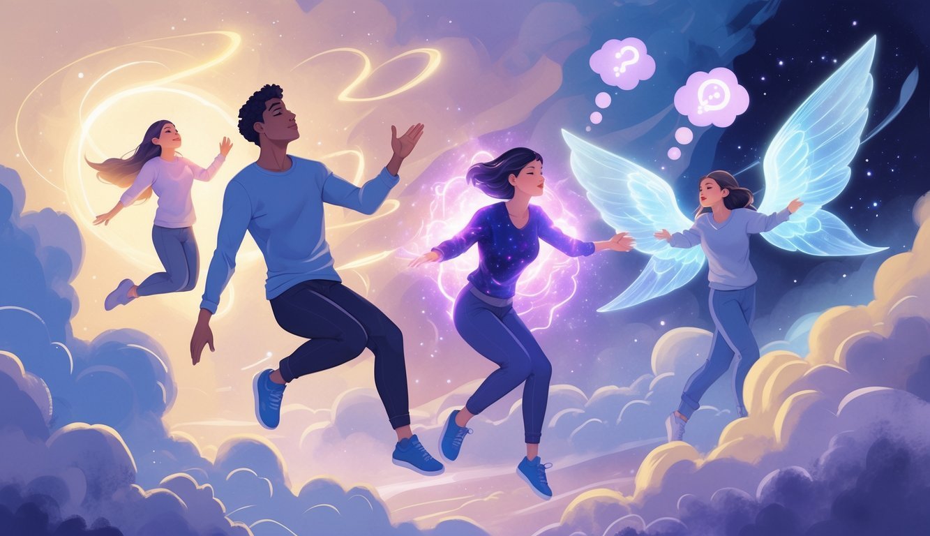People experiencing different superpowers like levitation, glowing energy, and wings in a dreamy, cloud-filled environment.