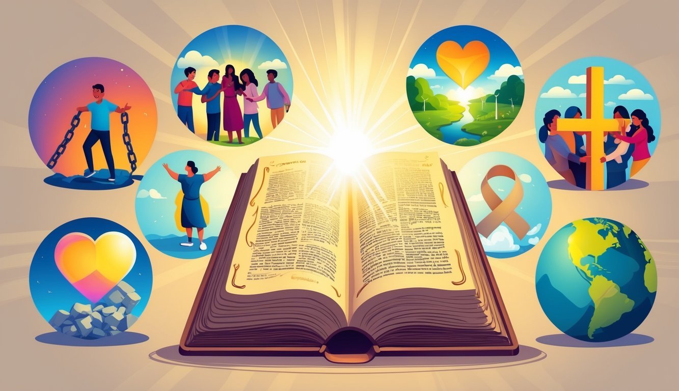 An open glowing book surrounded by seven scenes symbolizing freedom from false beliefs, inclusivity, enlightenment, love, dismantling stereotypes, global connection, and critical understanding.