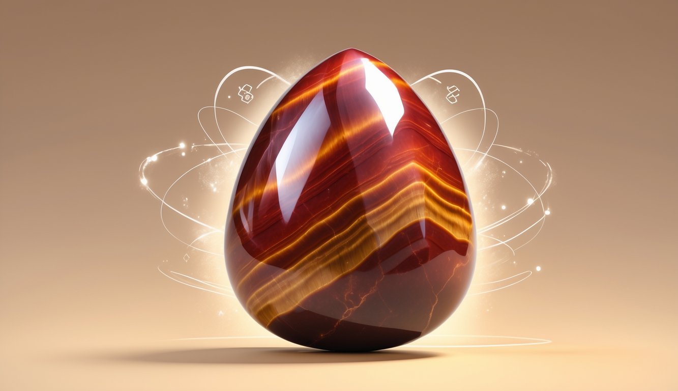 A polished red tiger's eye gemstone with red and brown bands, surrounded by glowing energy waves and symbols representing strength and protection.