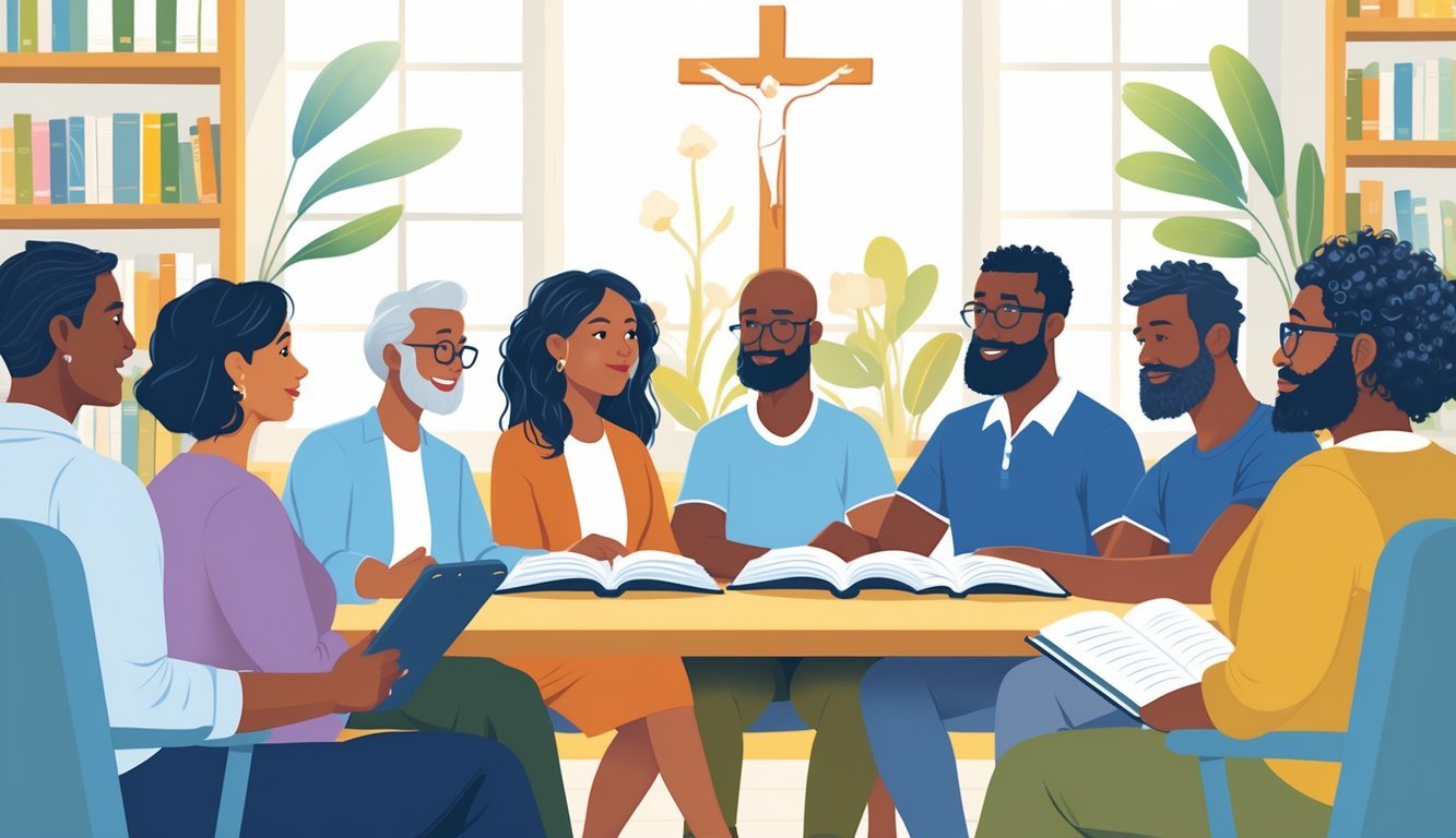 A group of diverse people in a bright library discussing and learning about Christianity with books and tablets, surrounded by subtle Christian symbols.