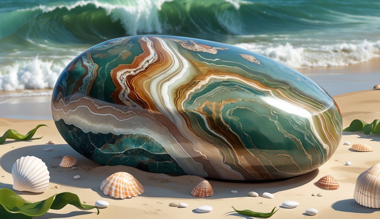 A polished sea jasper stone with earthy colors and patterns resting on a sandy beach with ocean waves, seashells, and pebbles nearby.