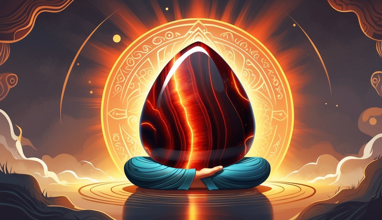 A polished red tiger's eye stone surrounded by symbols of meditation, tribal patterns, and a glowing aura representing its cultural meanings and uses.