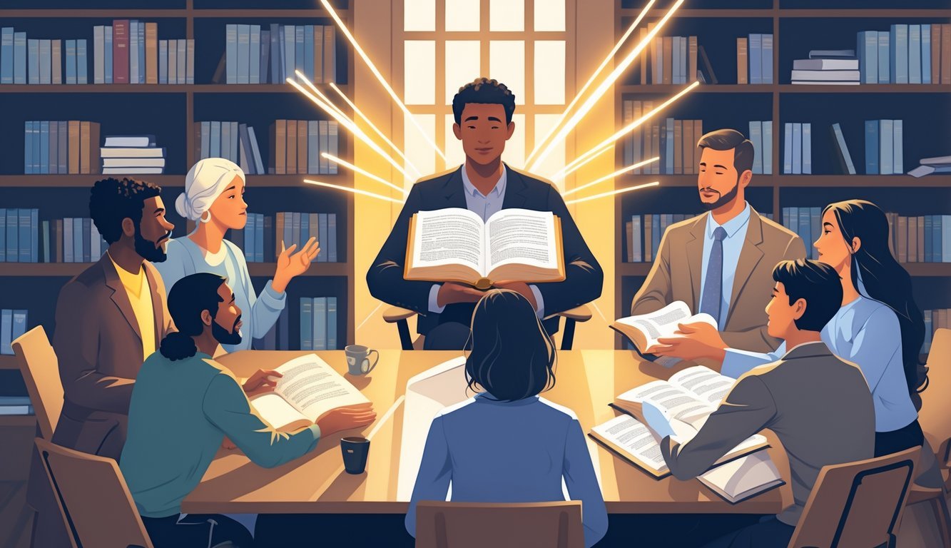 A group of people in a library engaged in a calm discussion about Christianity, with one person explaining while others listen attentively.