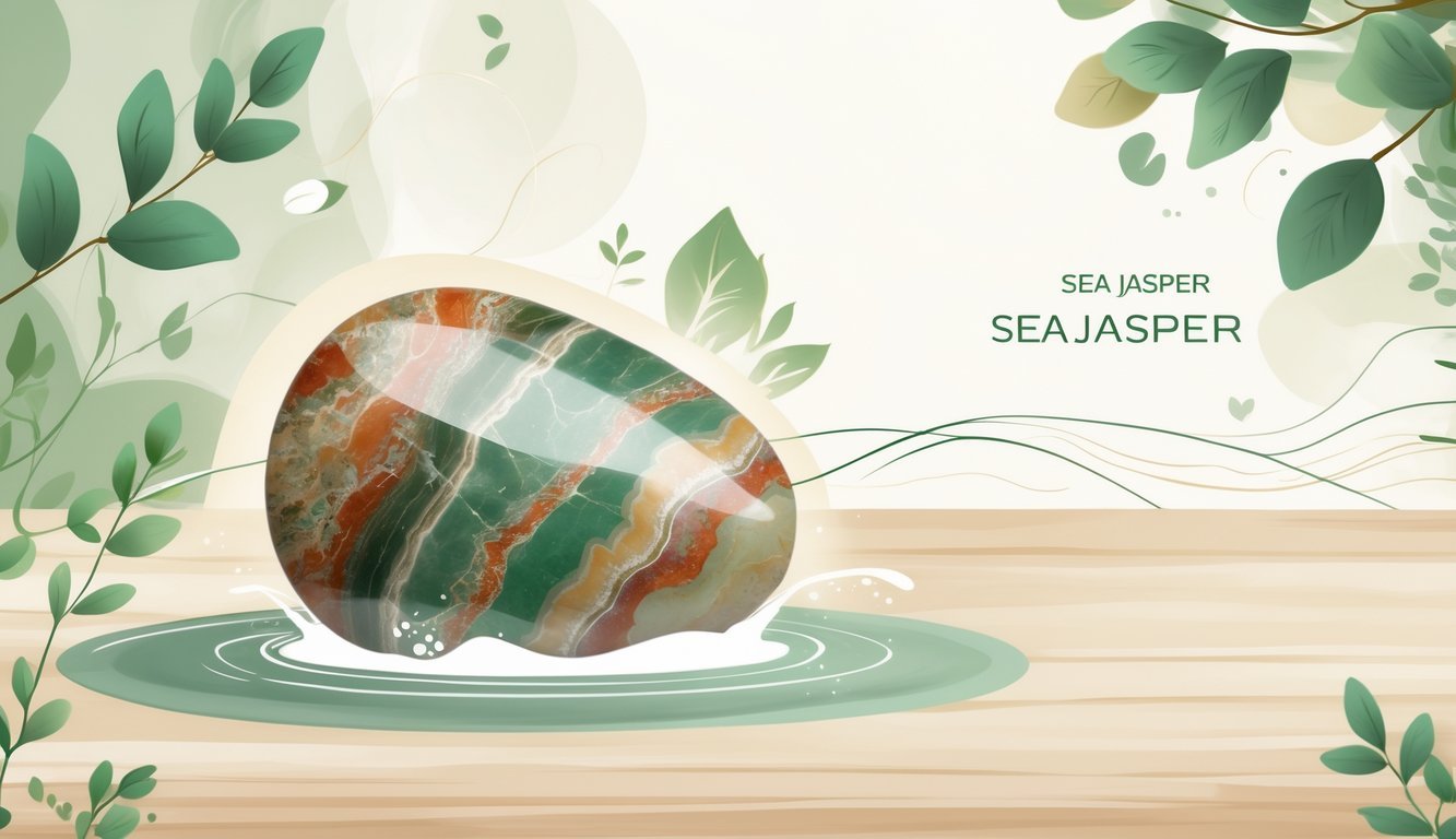 A polished sea jasper stone on a wooden surface surrounded by gentle waves, glowing light, and green leaves symbolizing healing and balance.