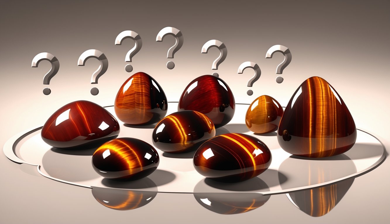 A group of polished red tiger's eye gemstones arranged on a smooth surface with abstract question mark shapes in the background.