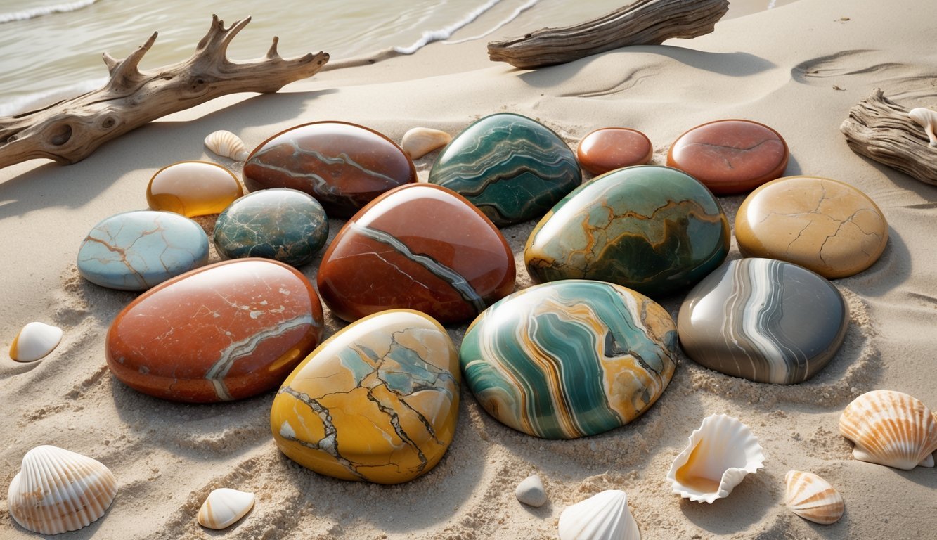 A collection of colorful sea jasper stones arranged on a sandy beach with seashells and gentle ocean waves in the background.