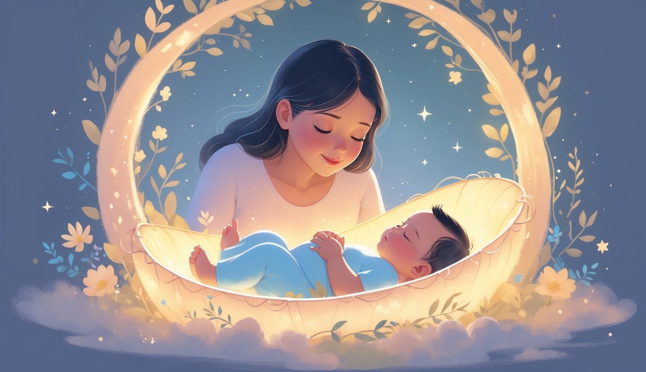 A person gently discovering a newborn baby lying in a glowing cradle surrounded by soft natural elements under a calm twilight sky.