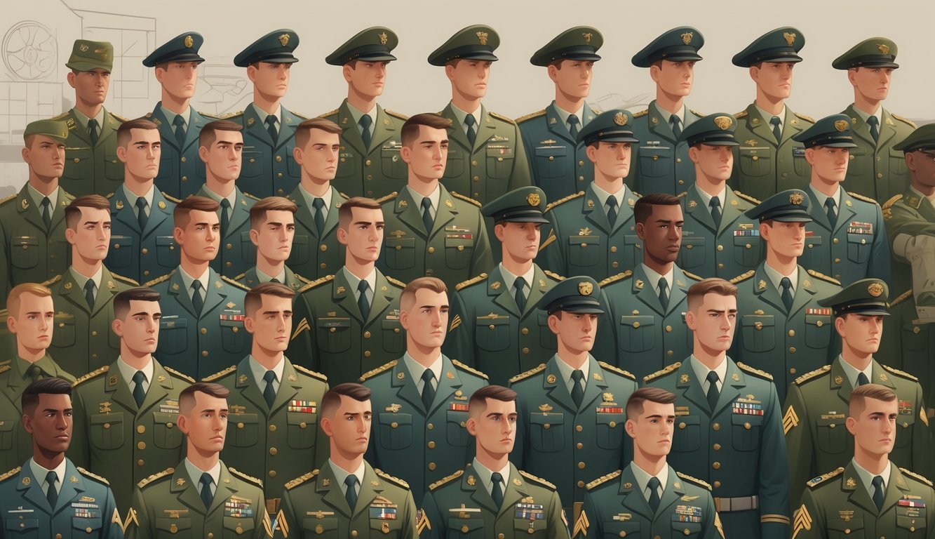 A group of US Army soldiers arranged in order of rank, each wearing their distinct uniforms and insignia, with military symbols in the background.