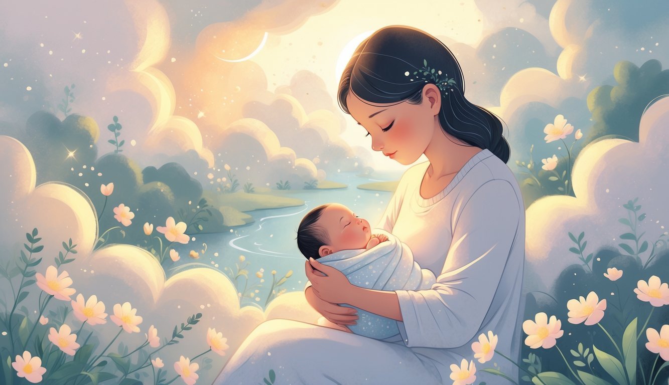 A person gently holding a sleeping baby in a peaceful, glowing natural setting with flowers and soft light.