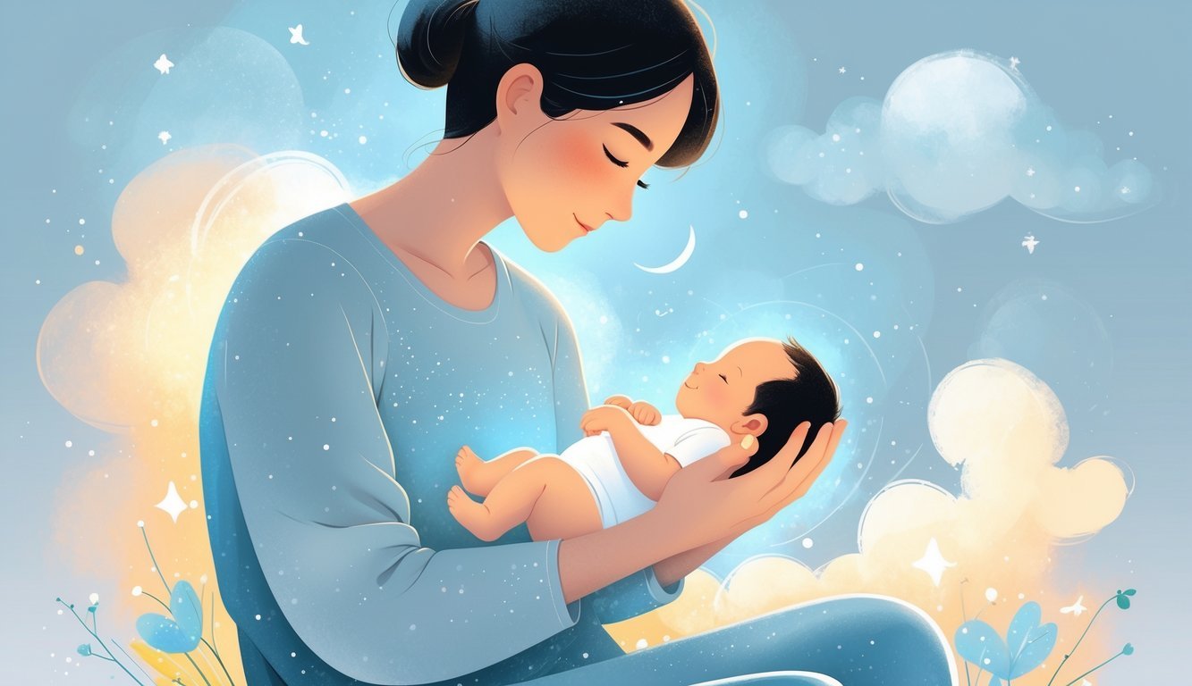 A person gently holding a newborn baby surrounded by soft glowing light and dreamlike clouds and stars.