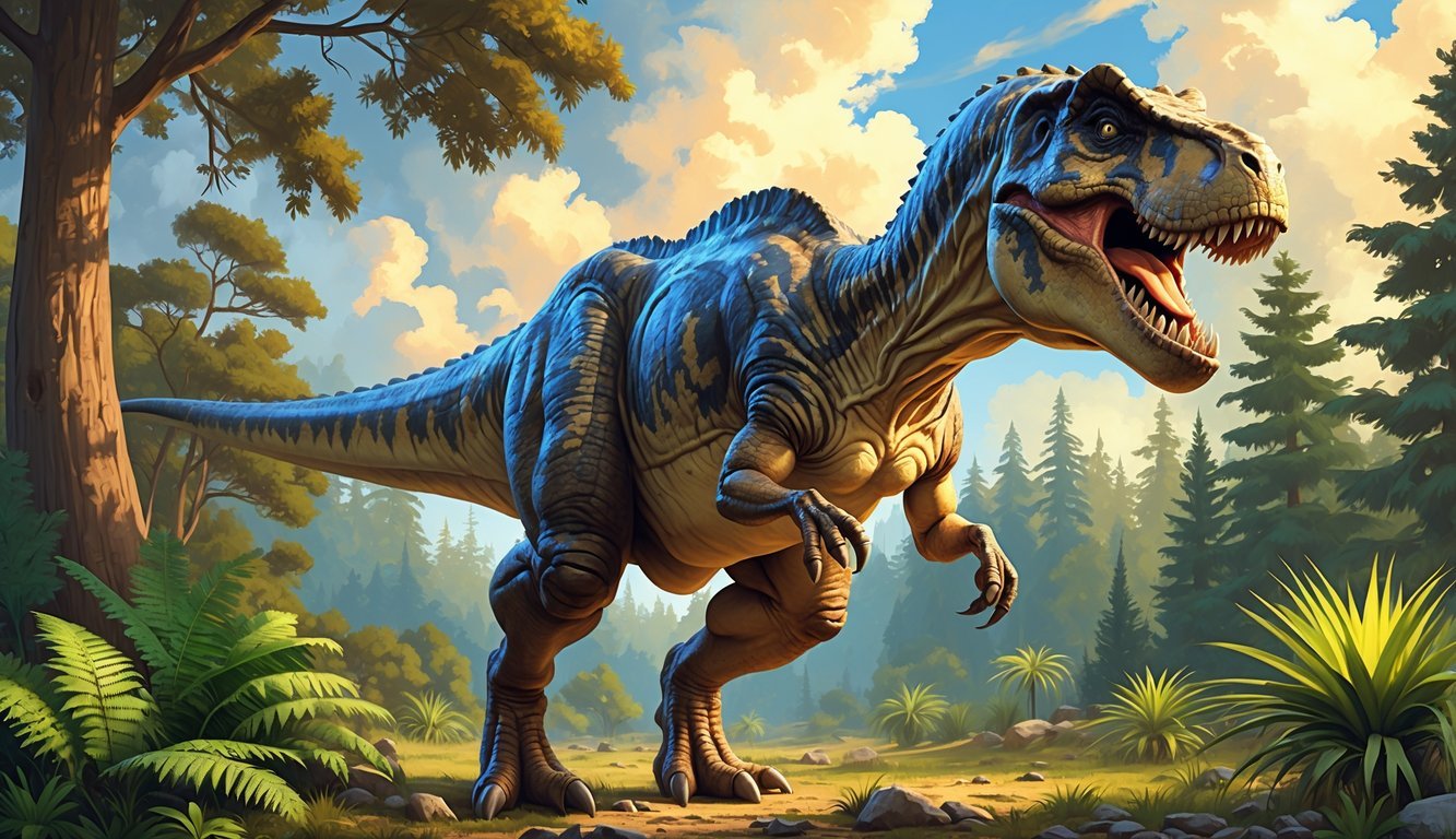 A large Tyrannosaurus rex standing in a prehistoric forest with trees and plants around it.