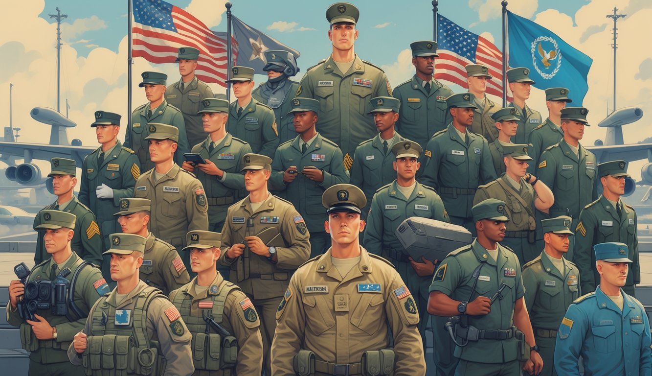 A group of U.S. Army soldiers in different uniforms and roles standing together, showing various ranks and jobs in a military base setting.