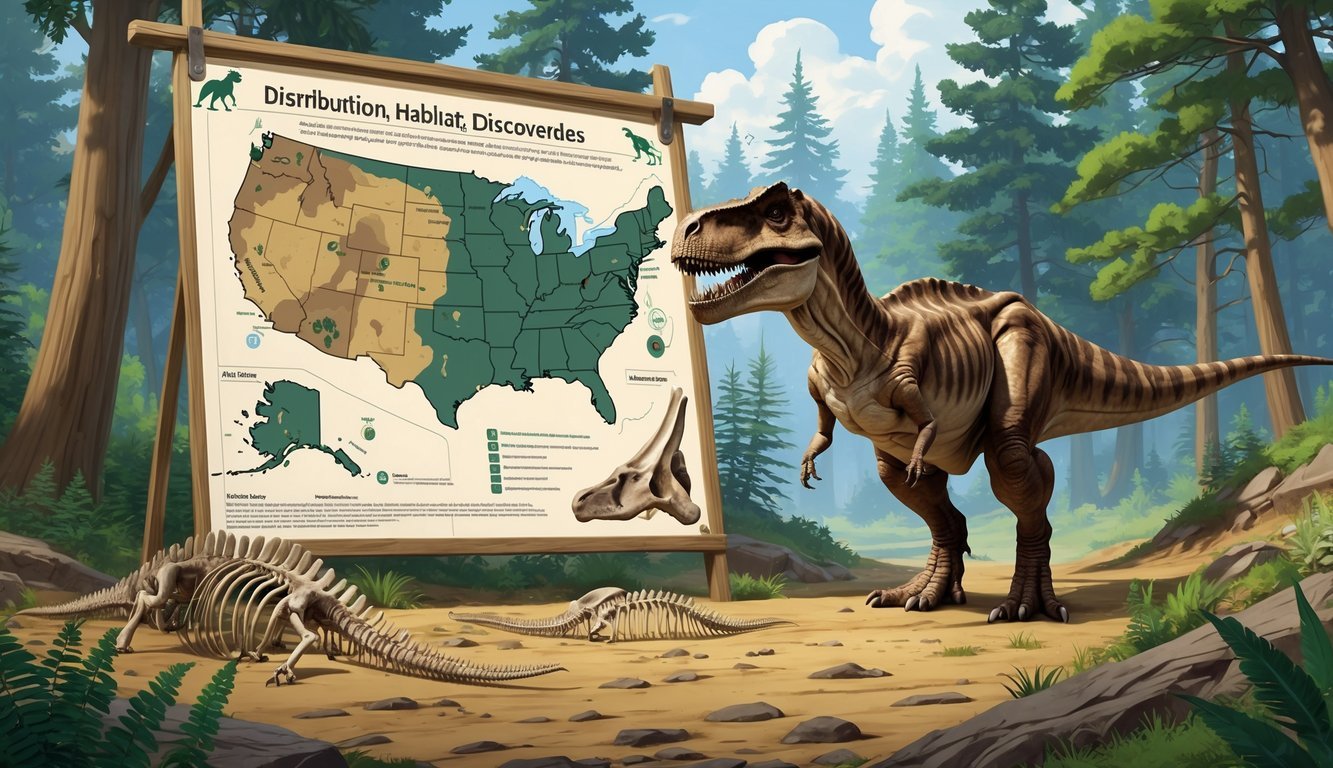A detailed illustration showing a Tyrannosaurus rex in its prehistoric forest habitat with a map highlighting fossil discovery locations and fossilized bones embedded in the ground.