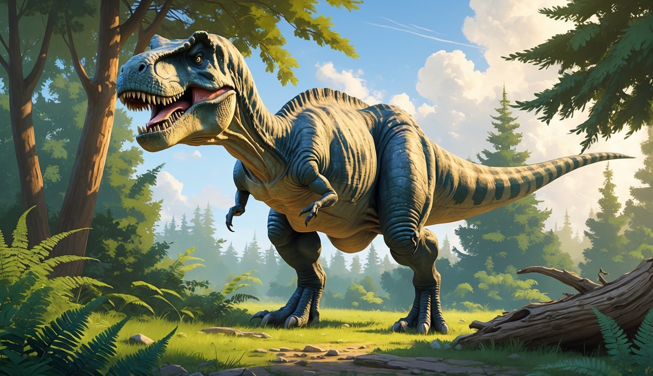 A large Tyrannosaurus rex standing in a prehistoric forest with ferns and conifer trees, illuminated by sunlight.