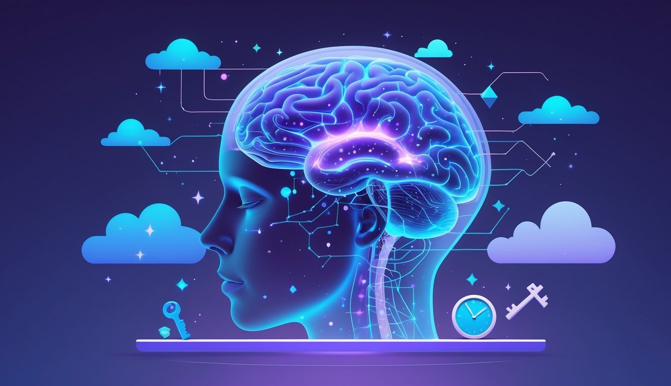 A human head profile with a transparent brain showing glowing neural pathways, surrounded by floating dream-like shapes including clouds, stars, and symbolic icons against a blue and purple background.