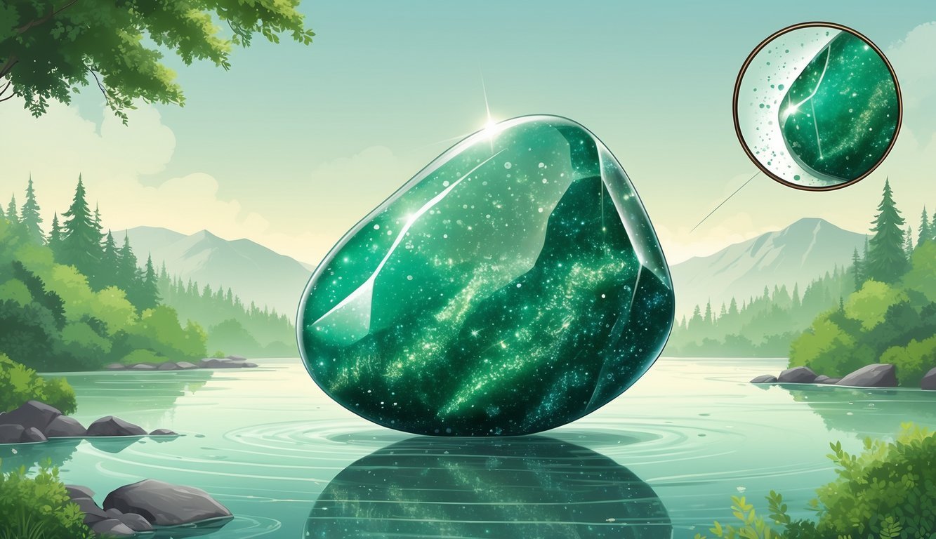 A polished green aventurine stone with sparkling inclusions displayed alongside a natural landscape of forests, rivers, and mountains.