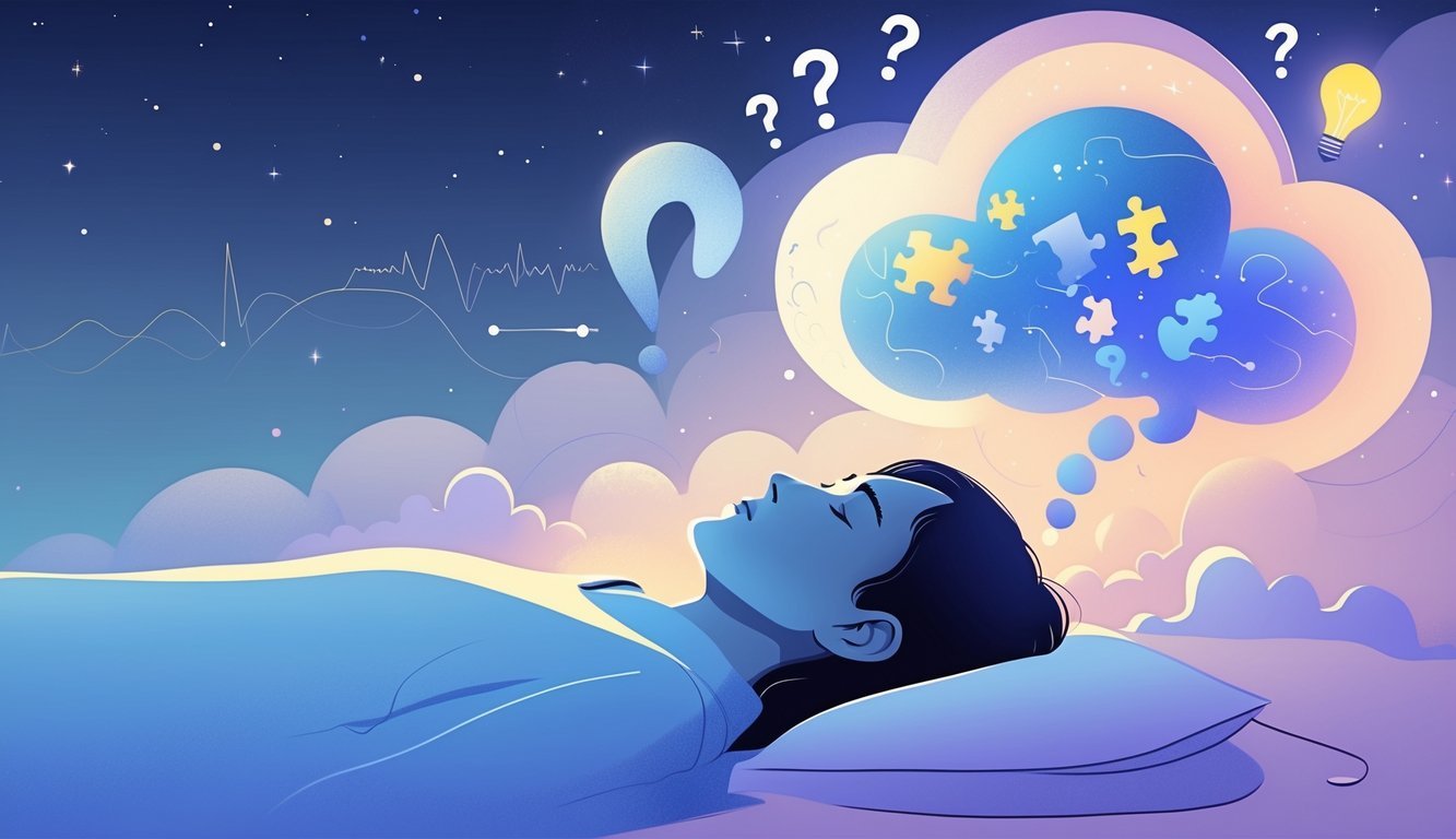 A person sleeping peacefully with abstract dream shapes and symbols floating above their head, representing thoughts and cognitive processes.