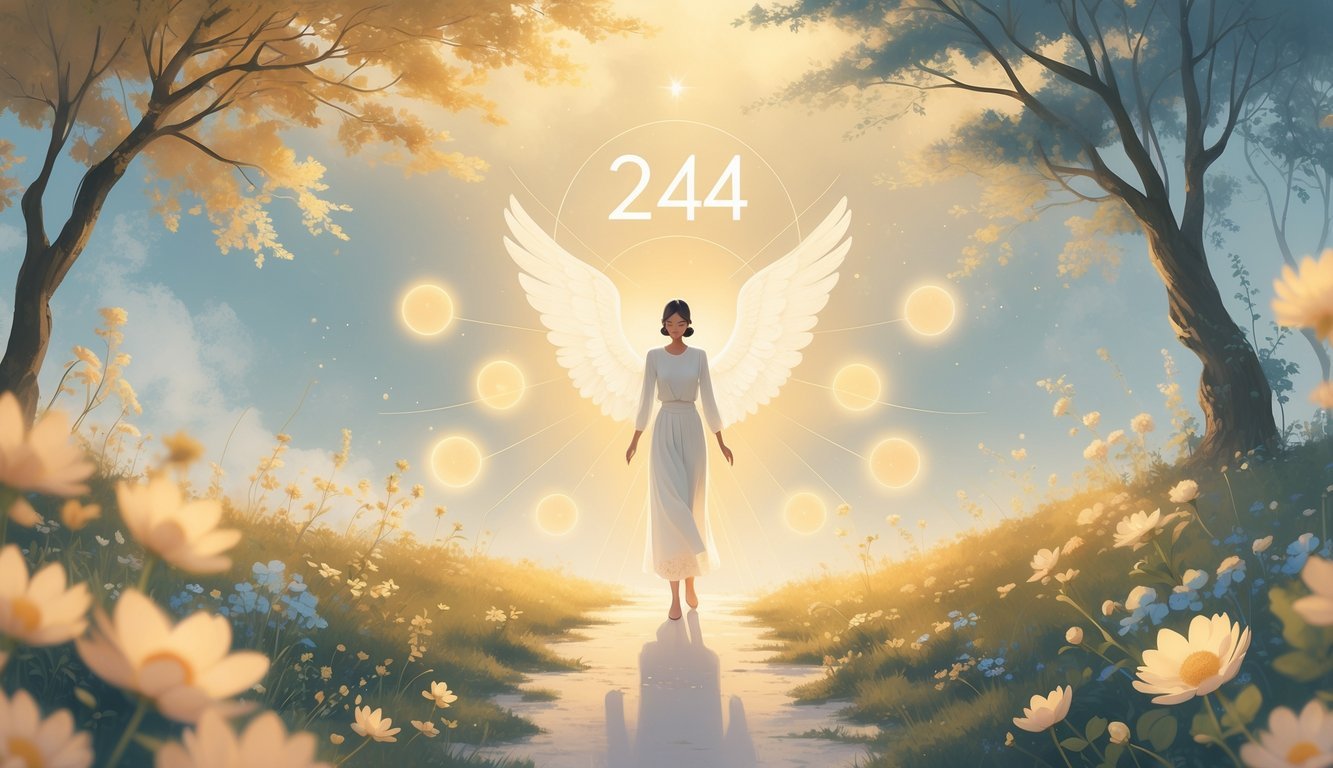 A radiant figure standing on a glowing path surrounded by soft lights and natural elements, symbolizing guidance and positive growth.