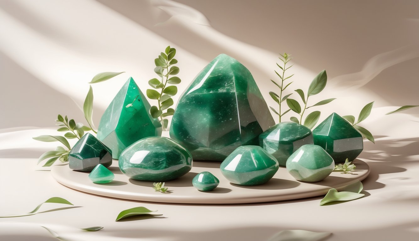 A collection of green aventurine stones arranged on a smooth surface with small leaves nearby.
