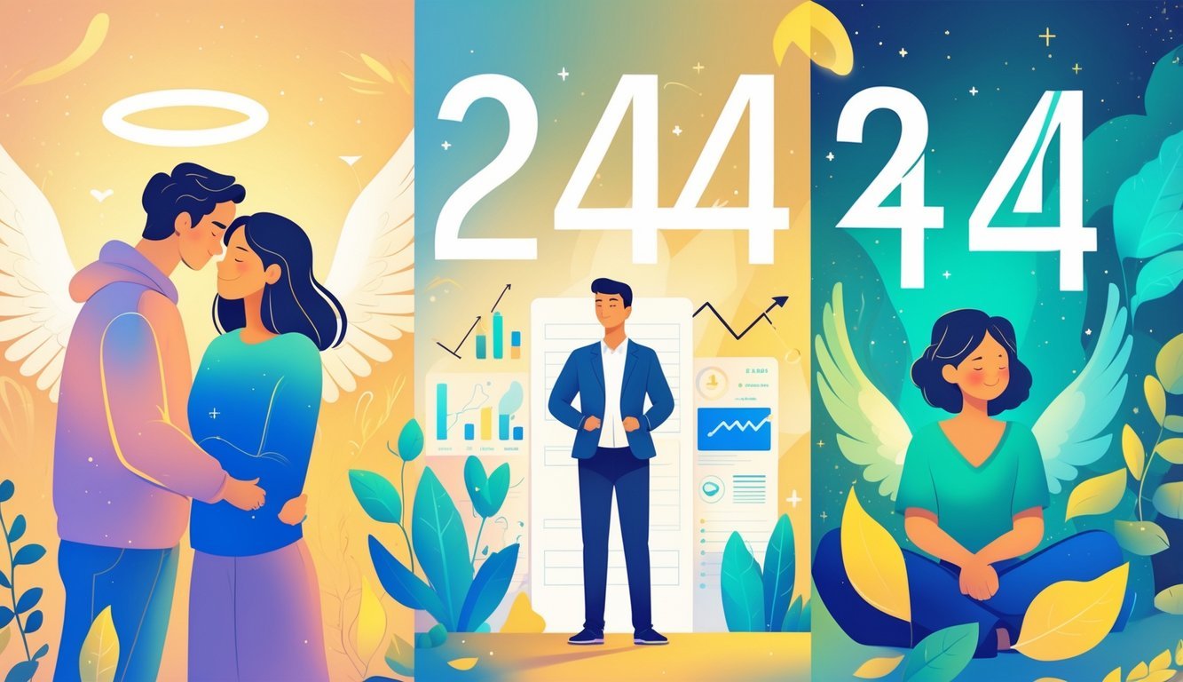 Three connected scenes showing people in supportive relationships, career growth, and peaceful self-care surrounded by nature and light.
