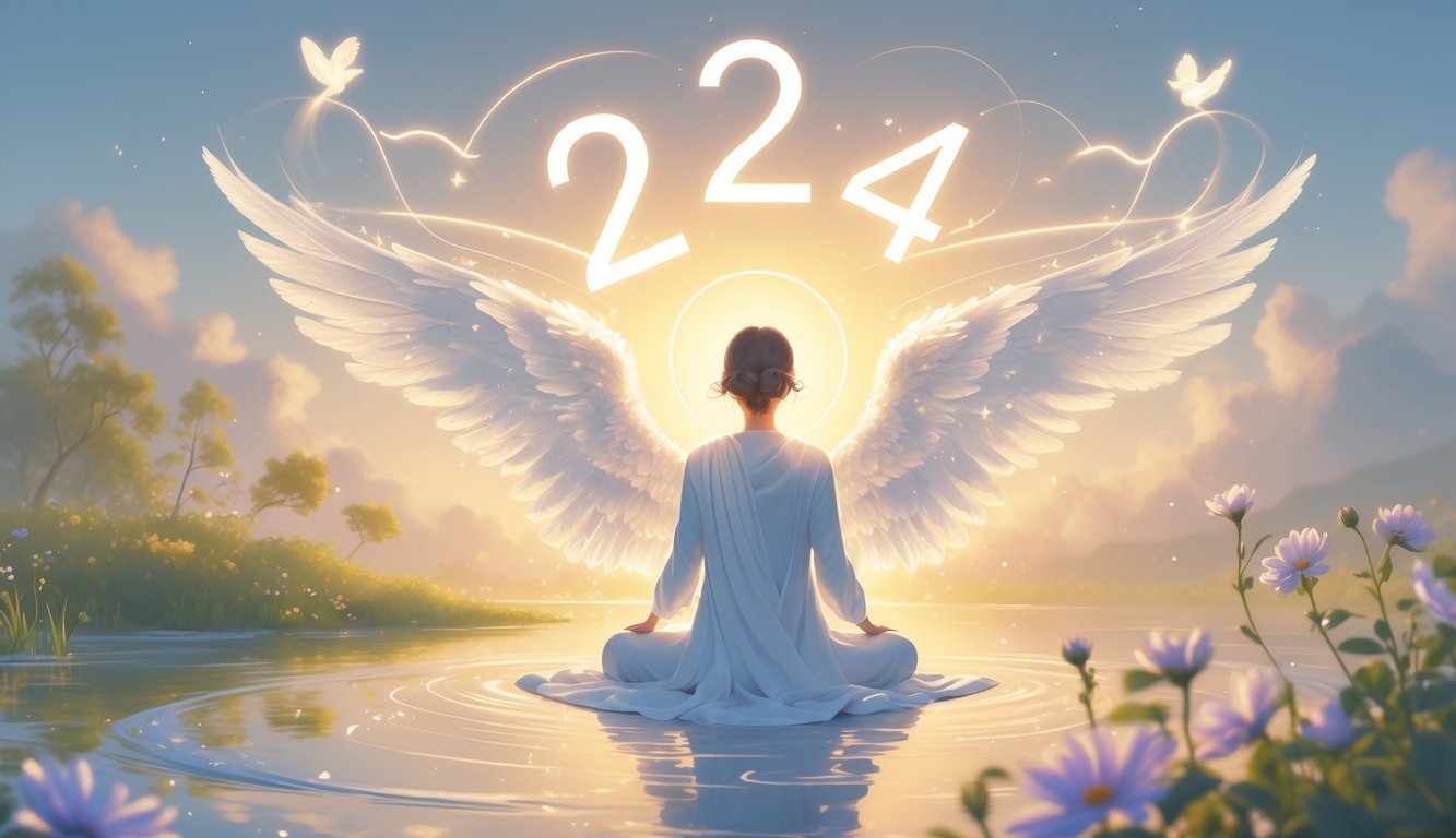 A glowing figure surrounded by floating numbers 2, 4, and 4 with wings and light in a peaceful sunrise landscape.