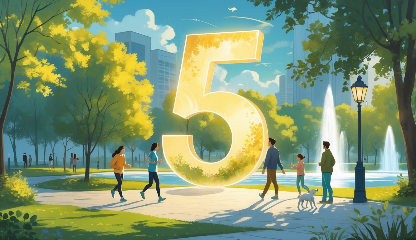 A peaceful park scene showing people walking, jogging, and playing near trees and a fountain with the shape of the number 5 subtly formed by sunlight and clouds.