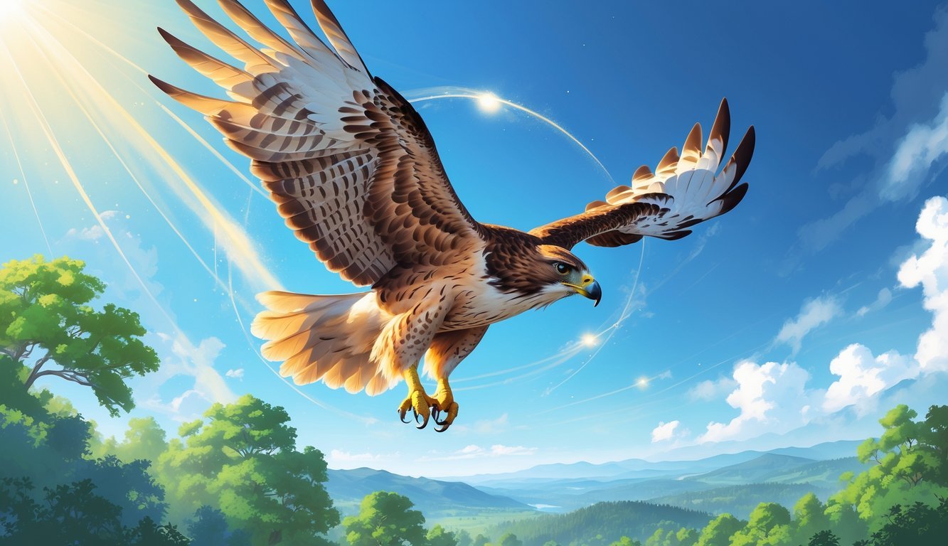 A hawk soaring high above a peaceful landscape of trees and mountains, surrounded by soft glowing light.