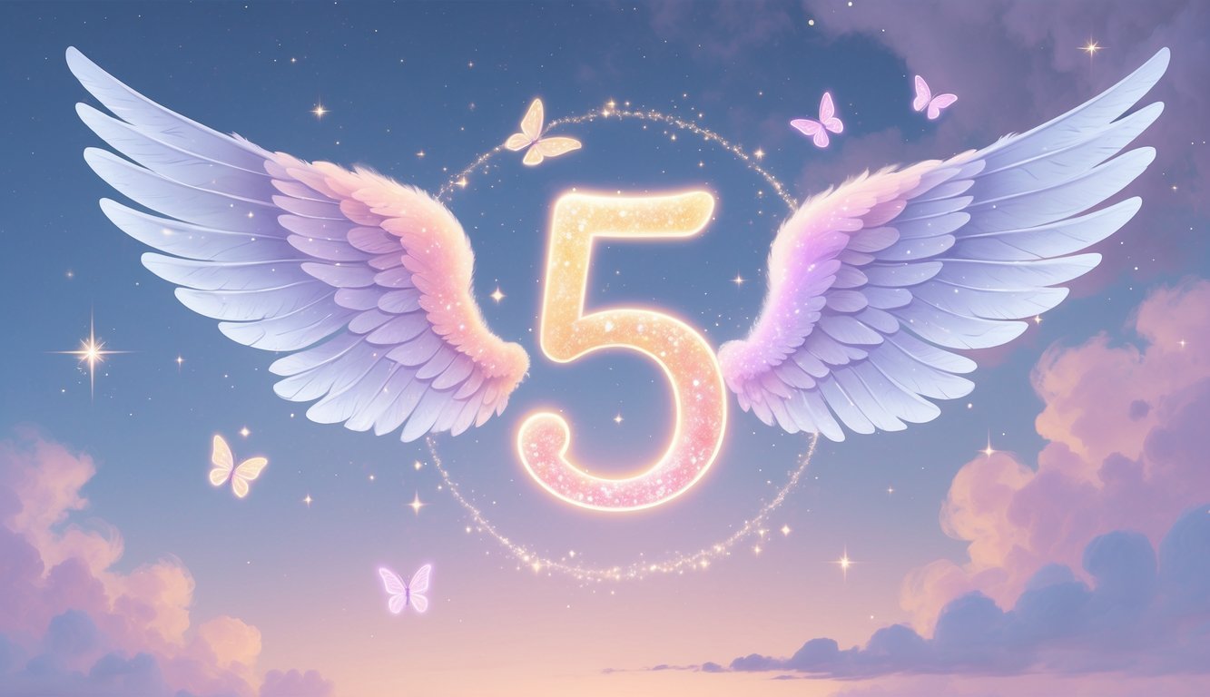A glowing number 5 surrounded by translucent angel wings floating in a pastel-colored sky with stars and clouds.