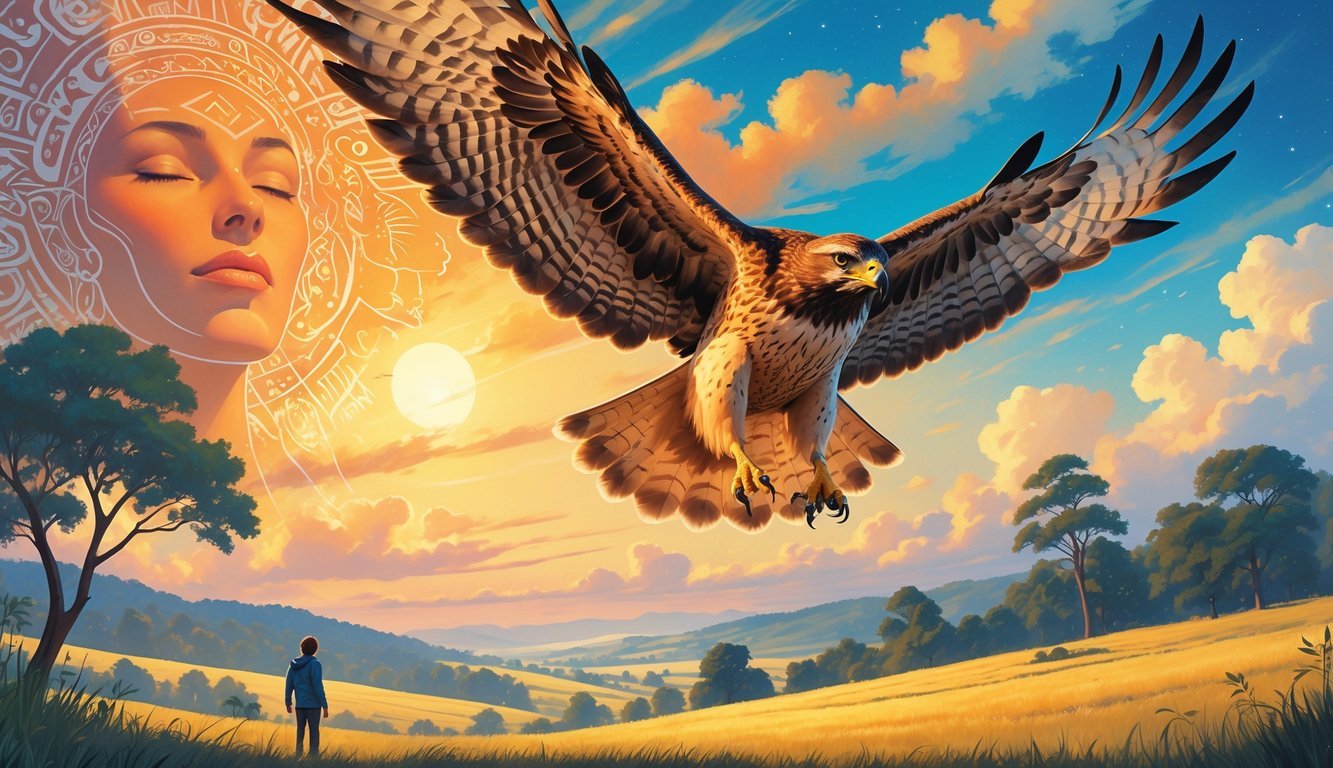 A hawk soaring in the sky above a person looking up, with cultural symbols and dreamlike imagery in the background.