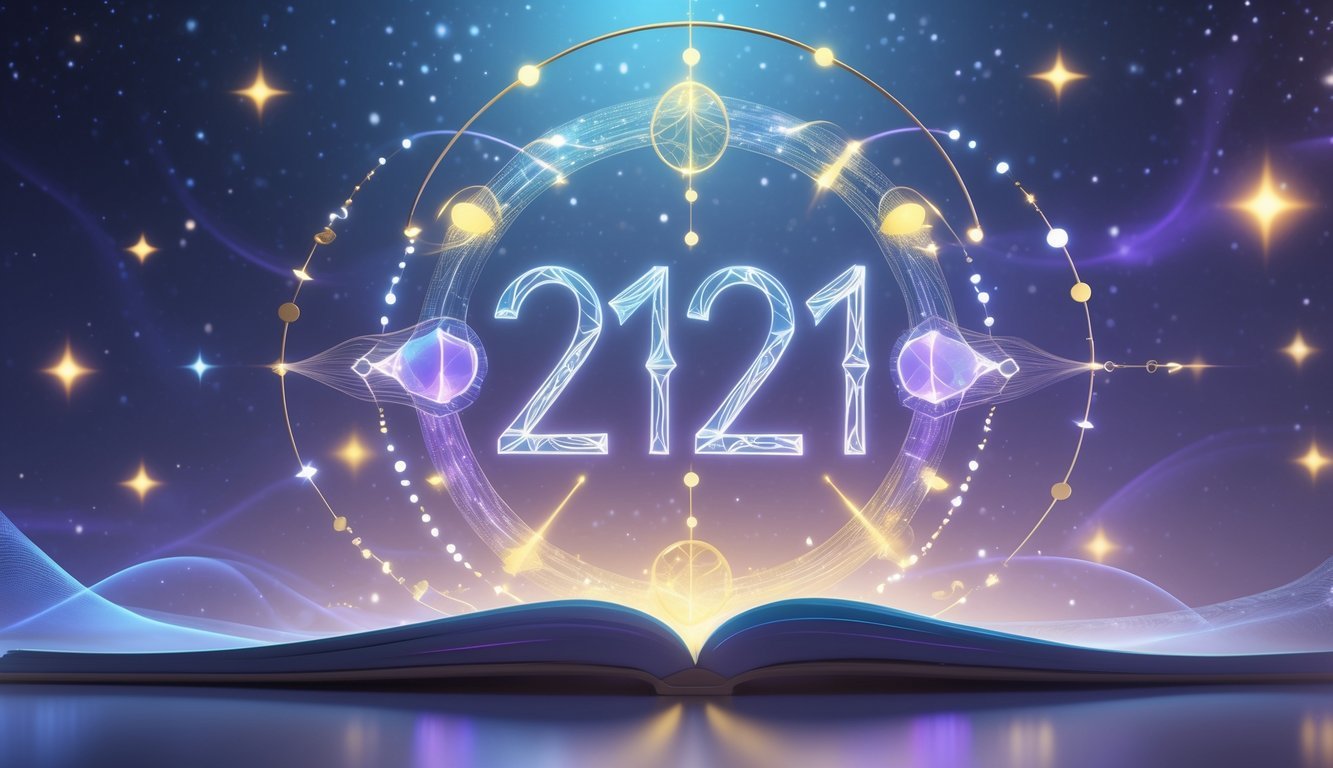An abstract scene with glowing geometric shapes and cosmic elements representing the spiritual meaning of the number 2121.