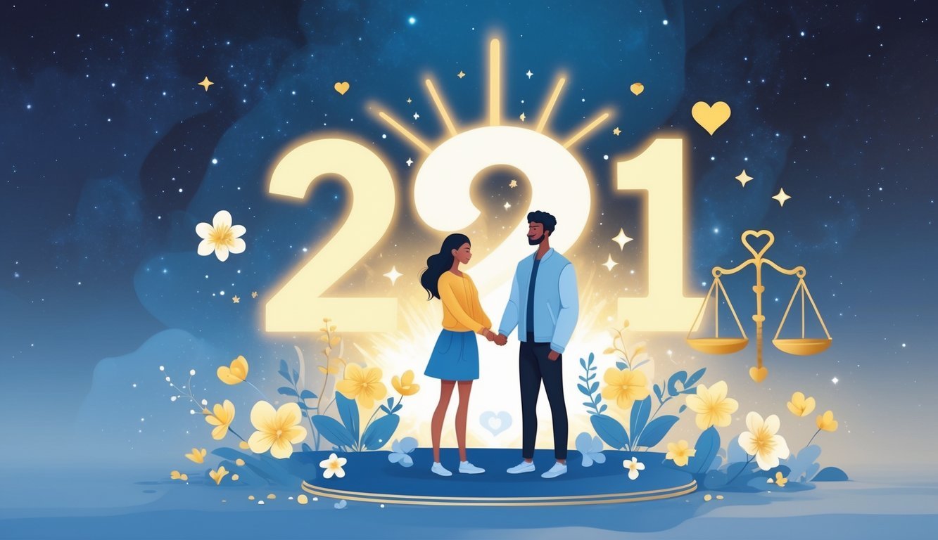 A couple holding hands surrounded by glowing symbols and a cosmic background, representing positive influence and harmony in life and relationships.