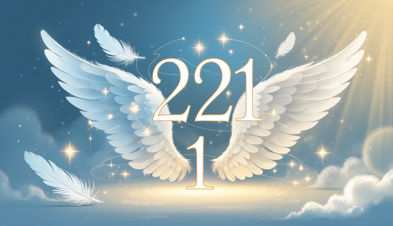 An illustration showing the numbers 2121 surrounded by angel wings, soft clouds, and glowing light, symbolizing spiritual guidance.