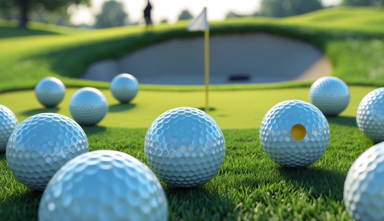 Close-up of golf balls on a golf course green with one golf ball subtly different from the others near a hole with a flag.