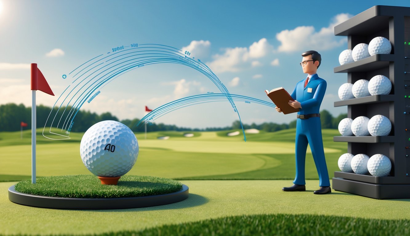 A golf ball on a tee with markings indicating it is illegal, a referee holding a rulebook, and a golfer examining golf balls on a rack on a golf course.