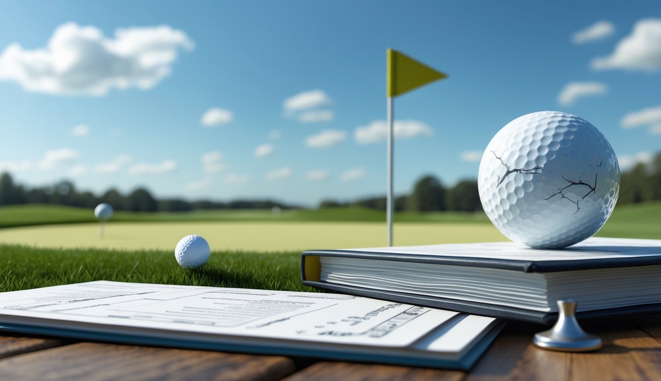 A golf ball on a tee with subtle damage next to rule books on a table, set on a golf course with a flag and green fairway in the background.