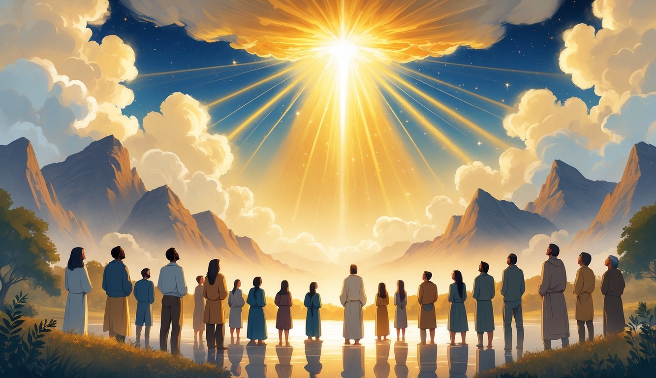 People standing in a peaceful landscape looking up at a bright, radiant light shining from the sky, illuminating the surroundings.