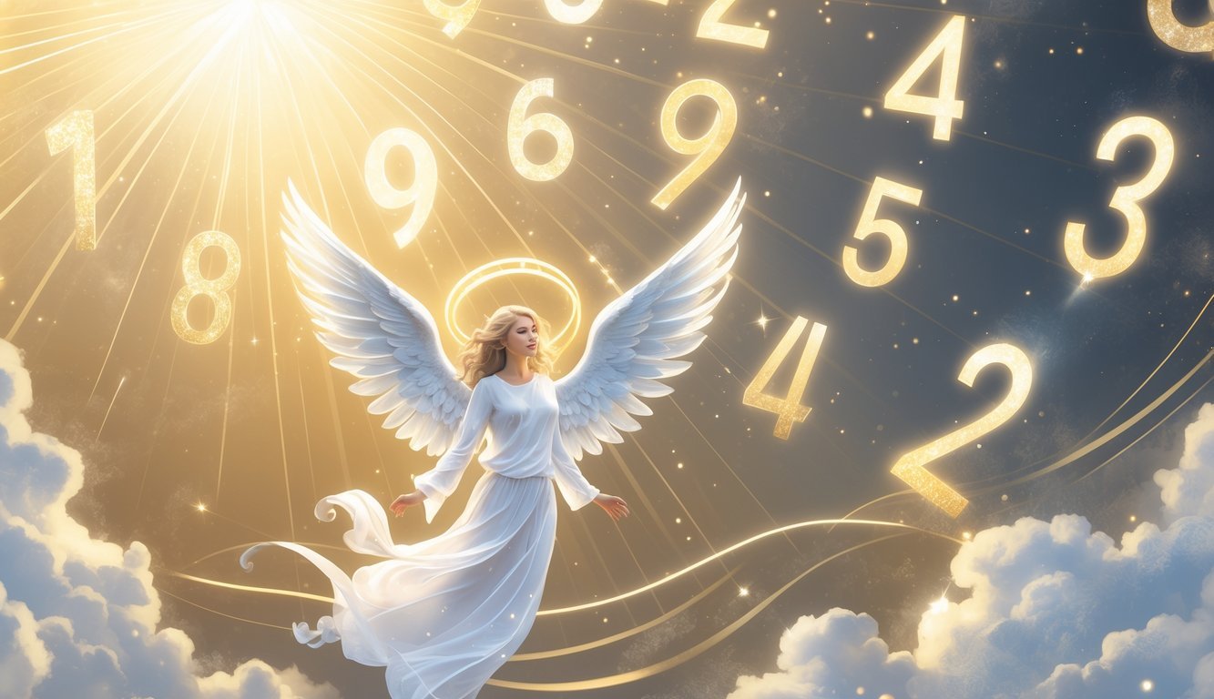 A glowing celestial scene with floating ethereal numbers surrounded by light and an angelic figure with outstretched wings.