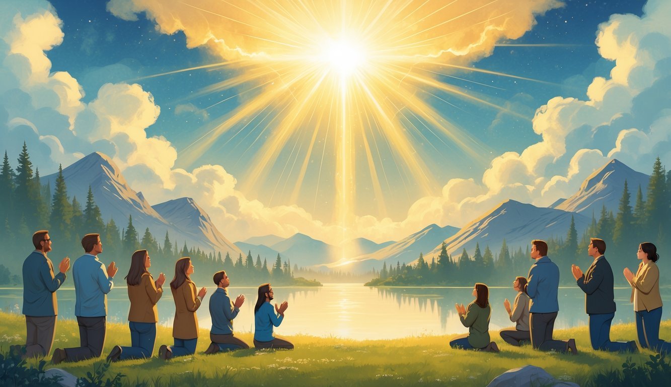 A group of people in a natural landscape are illuminated by a radiant light from the sky, expressing awe and reverence.
