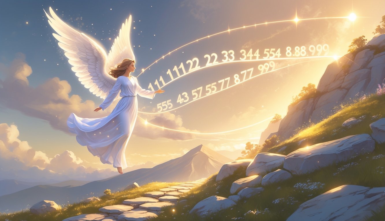 An angel with glowing wings surrounded by floating glowing numbers above a path leading to a sunlit mountaintop.