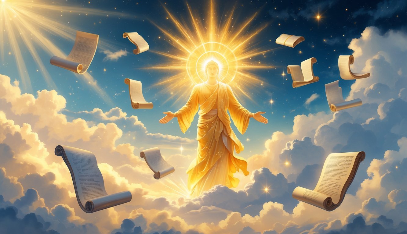 A glowing divine figure surrounded by floating open scrolls and books under a celestial sky with clouds and rays of sunlight.