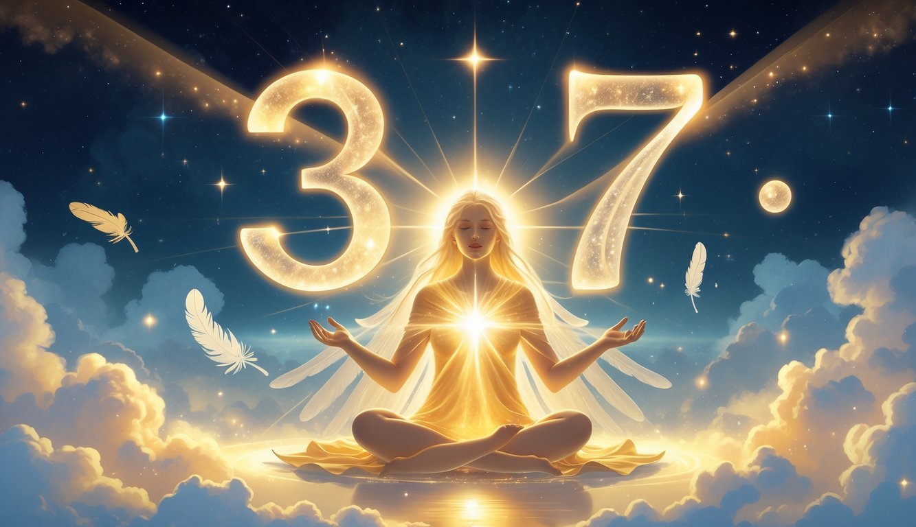 A radiant ethereal figure surrounded by glowing light and celestial energy with intertwined glowing numbers 3 and 7 above, set against a cosmic starry background.