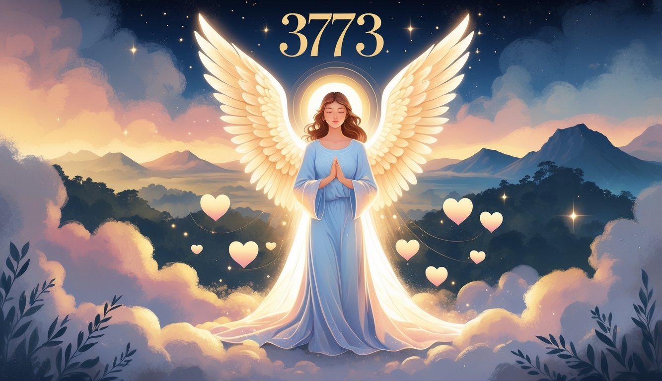 An angelic figure surrounded by glowing light with hearts and intertwined hands nearby, set against a landscape transitioning from night to dawn.
