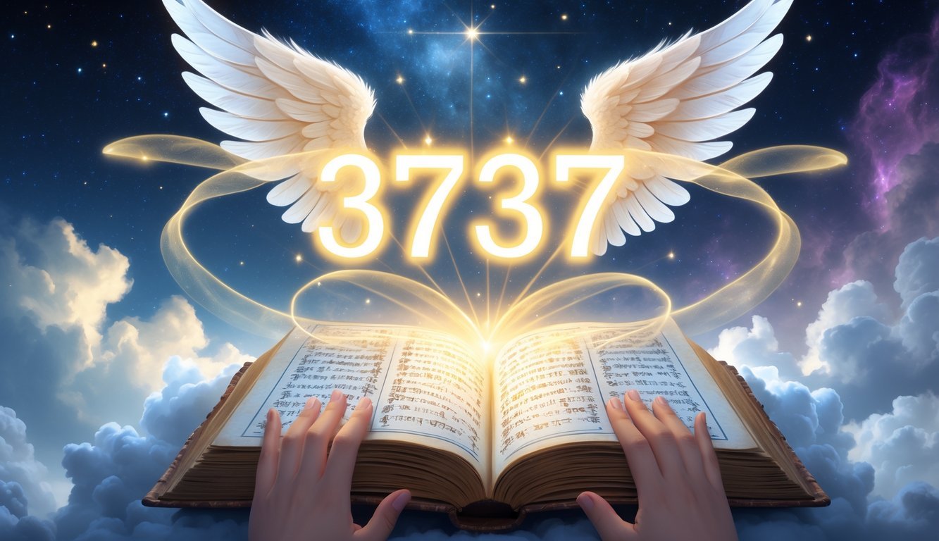 A glowing number 3737 above an open ancient book with angel wings and beams of light, set against a starry night sky.