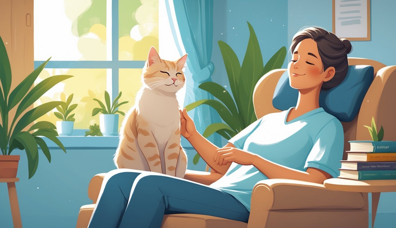 A person sitting peacefully in a chair with a calm cat resting on their lap in a cozy room filled with plants and soft light.