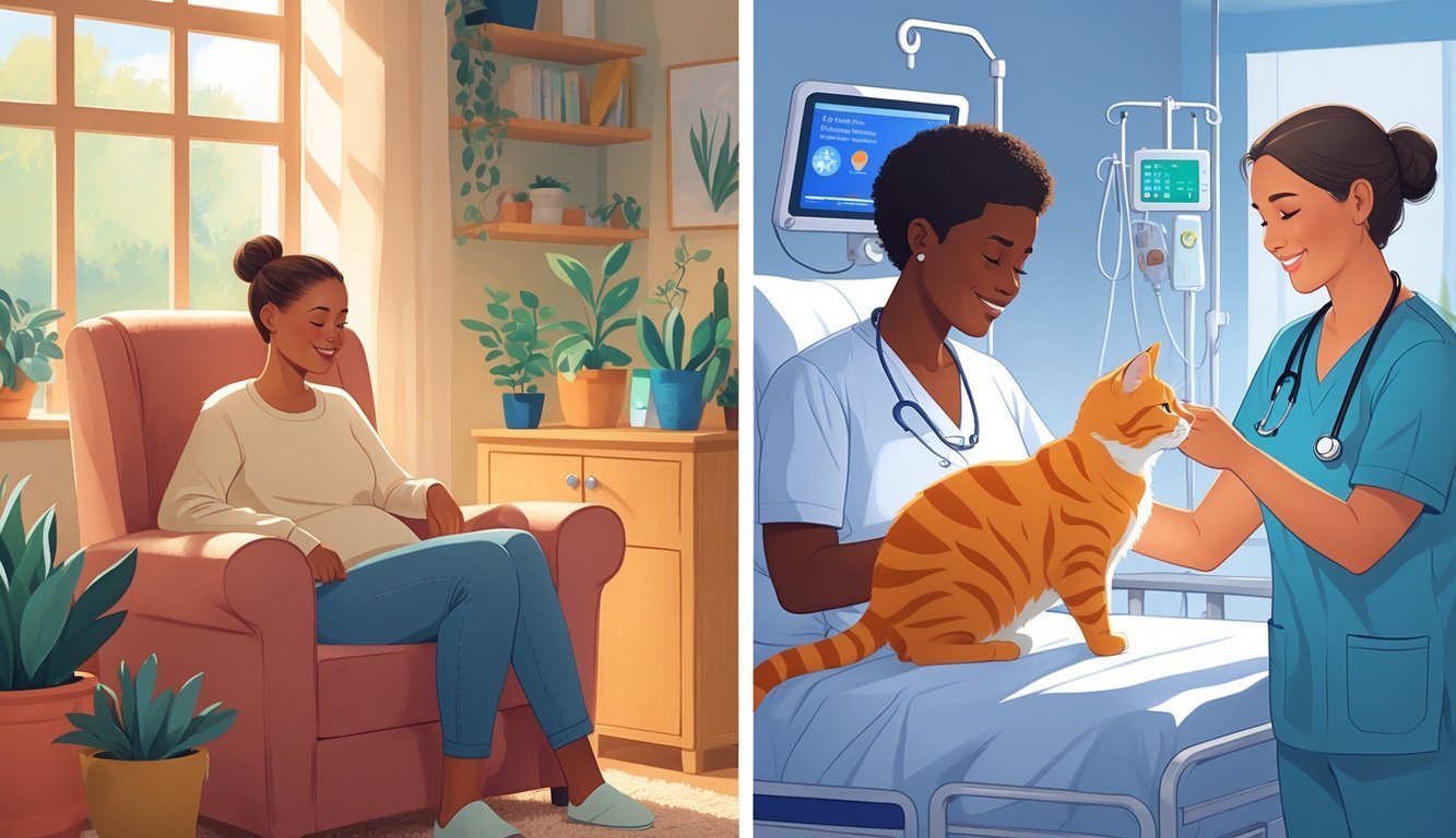 A cat sitting on a person's lap in a cozy home and another cat interacting with a patient and healthcare worker in a hospital room, showing cats helping humans heal.
