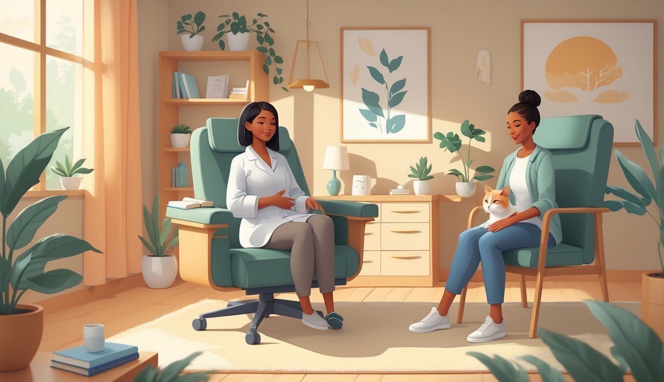 A person sitting in a therapy room with a cat on a chair beside them, both appearing calm and connected.