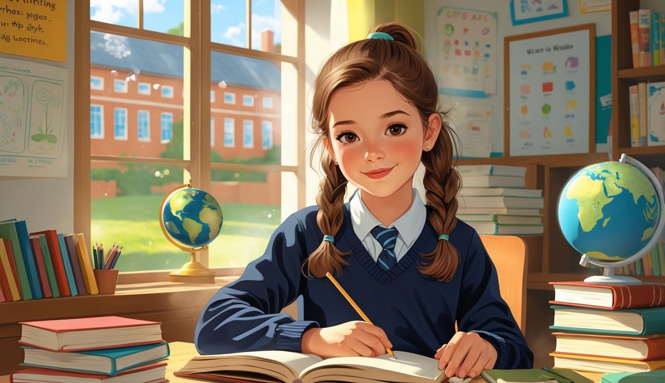 A young girl in a school uniform sitting at a desk in a bright classroom surrounded by books and educational materials.