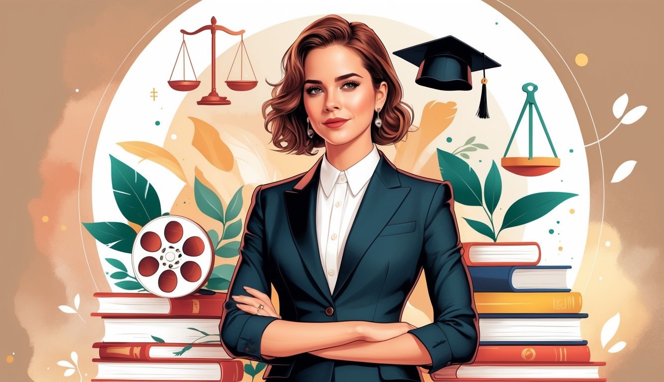 A portrait of Emma Watson standing confidently with symbols around her representing acting, education, and activism.