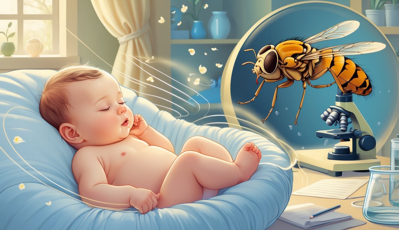 A baby peacefully rocking to sleep in a nursery with gentle vibrations around, alongside a detailed close-up of a fruit fly near a microscope.