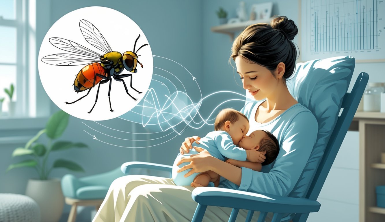 A parent gently rocking a baby to sleep in a nursery with a magnified fruit fly nearby and soft vibration waves connecting them.